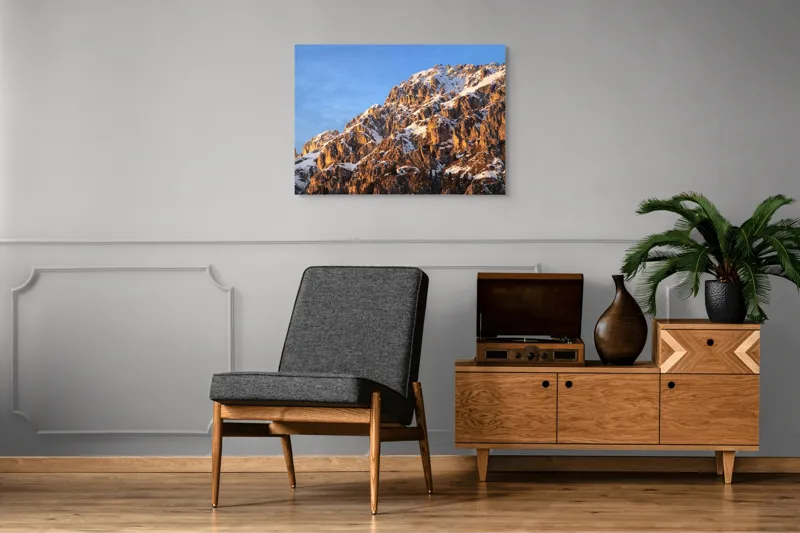 Tablou Canvas, "Splendoarea munților la apus", Munți, Zăpadă, Răsărit, Piatră, Cer, Lumină, Umbre, Peisaj, Natură, Pitoresc., 100 x 70 cm – poza 8