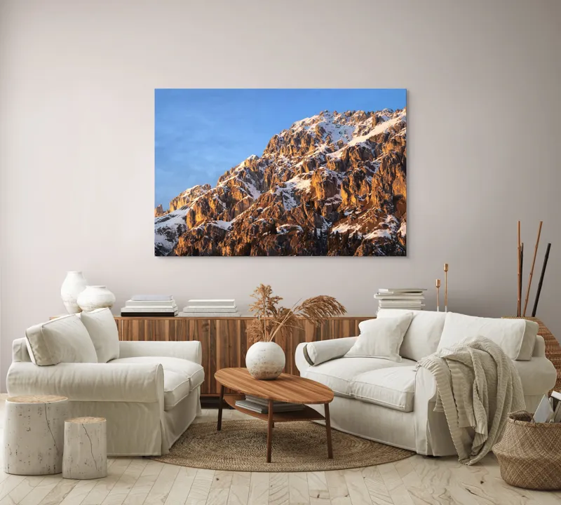 Tablou Canvas, "Splendoarea munților la apus", Munți, Zăpadă, Răsărit, Piatră, Cer, Lumină, Umbre, Peisaj, Natură, Pitoresc., 150 x 100 cm – poza 3