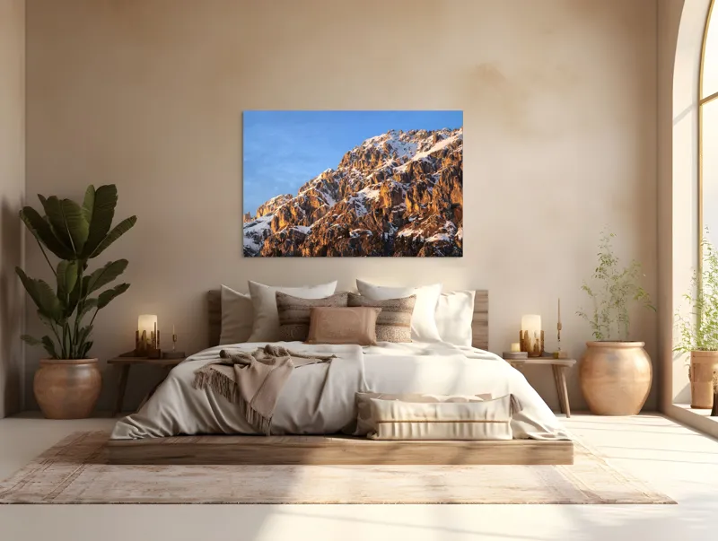 Tablou Canvas, "Splendoarea munților la apus", Munți, Zăpadă, Răsărit, Piatră, Cer, Lumină, Umbre, Peisaj, Natură, Pitoresc., 150 x 100 cm – poza 4