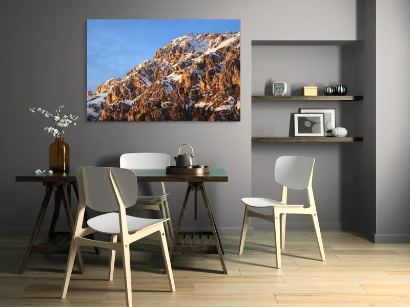 Tablou Canvas, "Splendoarea munților la apus", Munți, Zăpadă, Răsărit, Piatră, Cer, Lumină, Umbre, Peisaj, Natură, Pitoresc., 150 x 100 cm – poza 5