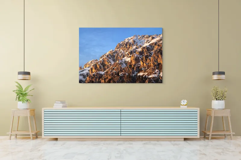 Tablou Canvas, "Splendoarea munților la apus", Munți, Zăpadă, Răsărit, Piatră, Cer, Lumină, Umbre, Peisaj, Natură, Pitoresc., 150 x 100 cm – poza 6
