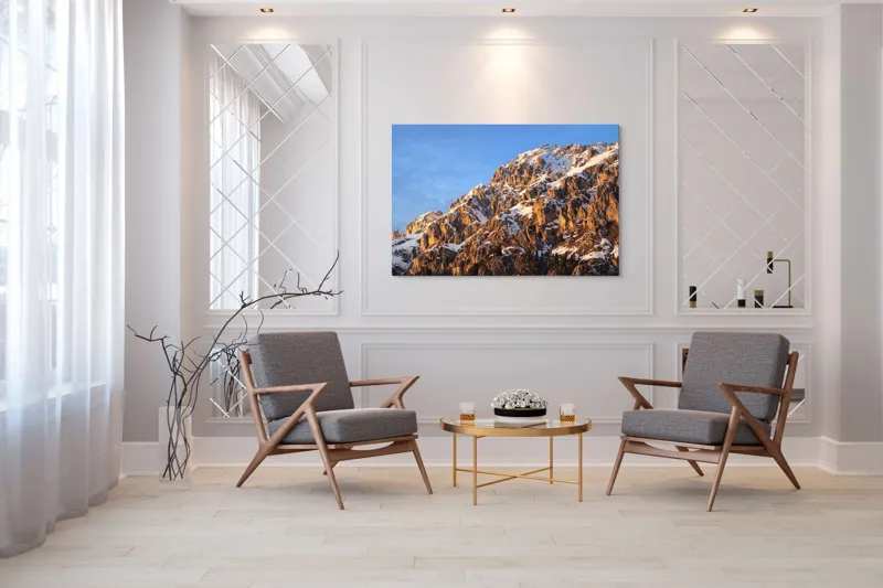 Tablou Canvas, "Splendoarea munților la apus", Munți, Zăpadă, Răsărit, Piatră, Cer, Lumină, Umbre, Peisaj, Natură, Pitoresc., 150 x 100 cm – poza 7