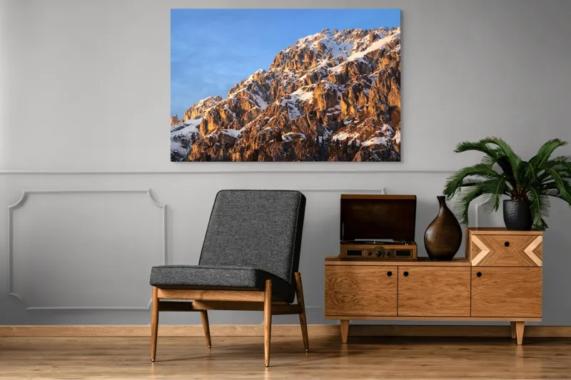 Tablou Canvas, "Splendoarea munților la apus", Munți, Zăpadă, Răsărit, Piatră, Cer, Lumină, Umbre, Peisaj, Natură, Pitoresc., 150 x 100 cm – poza 8