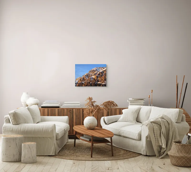 Tablou Canvas, "Splendoarea munților la apus", Munți, Zăpadă, Răsărit, Piatră, Cer, Lumină, Umbre, Peisaj, Natură, Pitoresc., 54 x 39 cm – poza 5