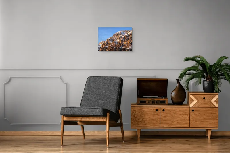 Tablou Canvas, "Splendoarea munților la apus", Munți, Zăpadă, Răsărit, Piatră, Cer, Lumină, Umbre, Peisaj, Natură, Pitoresc., 54 x 39 cm – poza 7