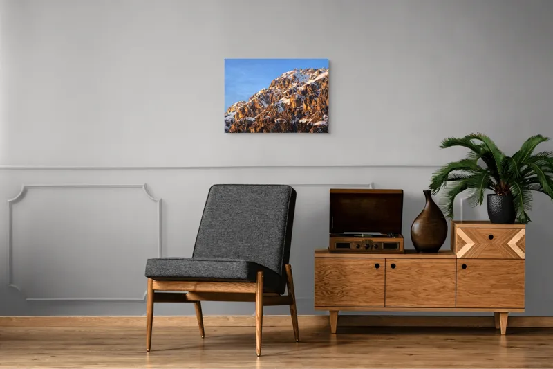 Tablou Canvas, "Splendoarea munților la apus", Munți, Zăpadă, Răsărit, Piatră, Cer, Lumină, Umbre, Peisaj, Natură, Pitoresc., 70 x 50 cm – poza 4