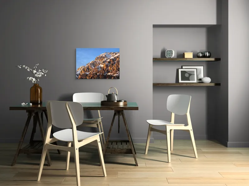 Tablou Canvas, "Splendoarea munților la apus", Munți, Zăpadă, Răsărit, Piatră, Cer, Lumină, Umbre, Peisaj, Natură, Pitoresc., 70 x 50 cm – poza 5