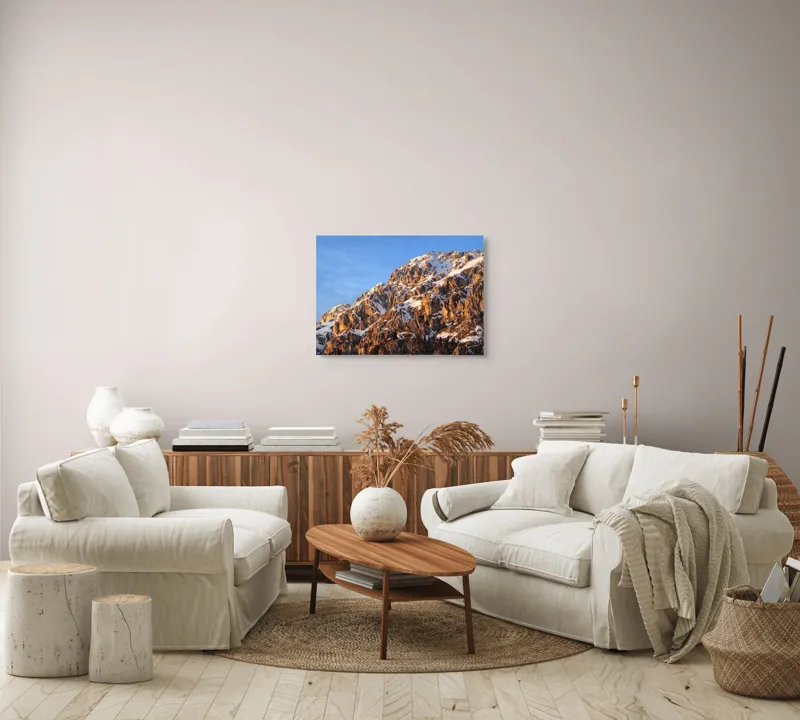 Tablou Canvas, "Splendoarea munților la apus", Munți, Zăpadă, Răsărit, Piatră, Cer, Lumină, Umbre, Peisaj, Natură, Pitoresc., 70 x 50 cm – poza 6
