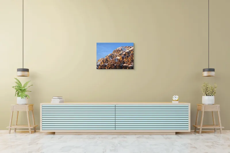 Tablou Canvas, "Splendoarea munților la apus", Munți, Zăpadă, Răsărit, Piatră, Cer, Lumină, Umbre, Peisaj, Natură, Pitoresc., 70 x 50 cm – poza 7