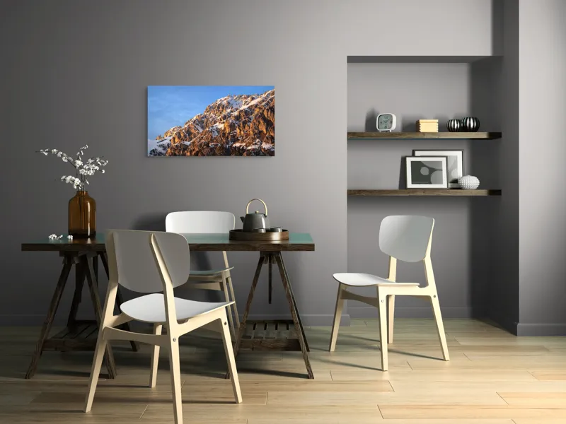 Tablou Canvas, "Splendoarea munților la apus", Munți, Zăpadă, Răsărit, Piatră, Cer, Lumină, Umbre, Peisaj, Natură, Pitoresc., 90 x 50 cm – poza 3