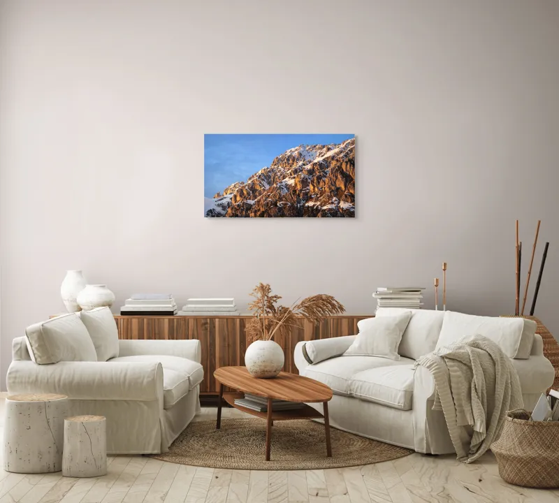 Tablou Canvas, "Splendoarea munților la apus", Munți, Zăpadă, Răsărit, Piatră, Cer, Lumină, Umbre, Peisaj, Natură, Pitoresc., 90 x 50 cm – poza 4