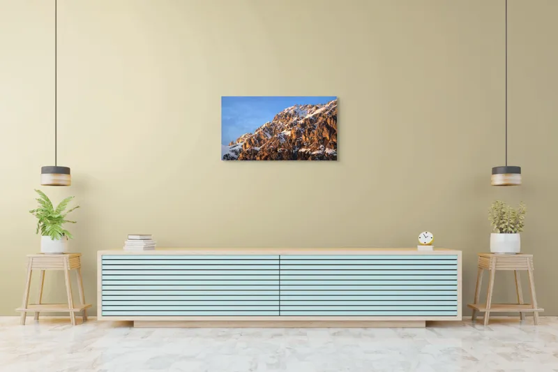 Tablou Canvas, "Splendoarea munților la apus", Munți, Zăpadă, Răsărit, Piatră, Cer, Lumină, Umbre, Peisaj, Natură, Pitoresc., 90 x 50 cm – poza 5