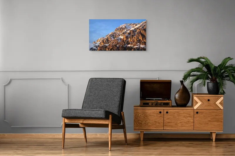Tablou Canvas, "Splendoarea munților la apus", Munți, Zăpadă, Răsărit, Piatră, Cer, Lumină, Umbre, Peisaj, Natură, Pitoresc., 90 x 50 cm – poza 6