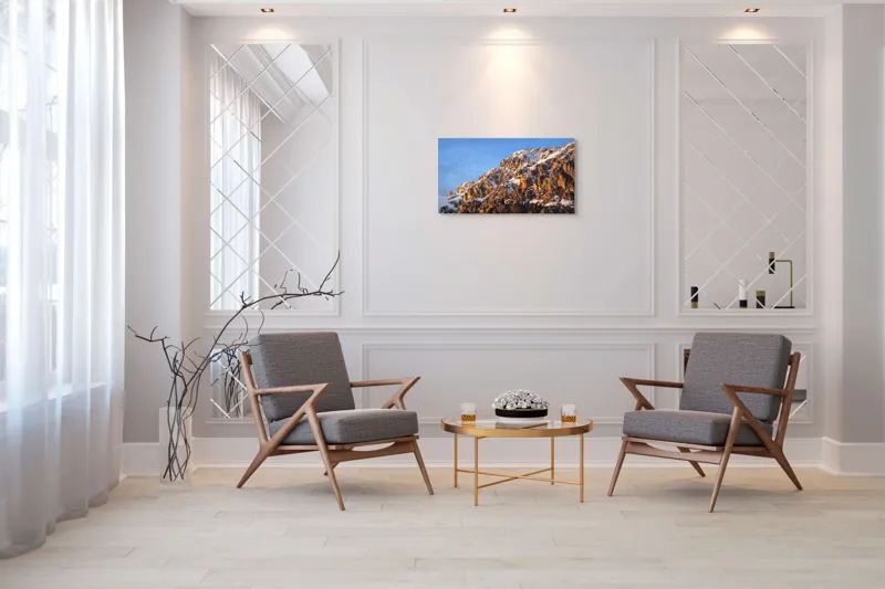 Tablou Canvas, "Splendoarea munților la apus", Munți, Zăpadă, Răsărit, Piatră, Cer, Lumină, Umbre, Peisaj, Natură, Pitoresc., 90 x 50 cm – poza 7