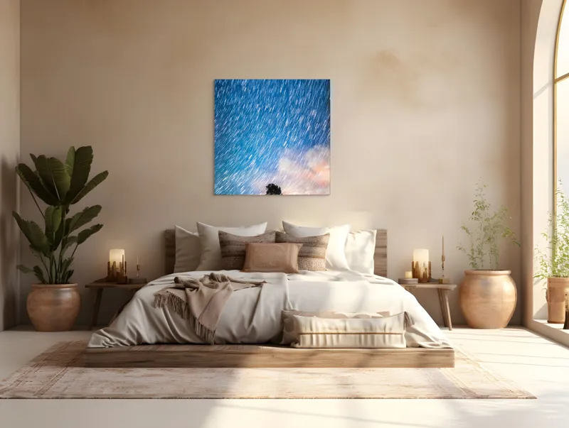 Tablou Canvas, "Copacul sub ploaia de stele", Cer, Stele, Mișcare, Copac, Solitar, Peisaj, Noapte, Lumină, Cerneală, Albastru, 100 x 100 cm – poza 4