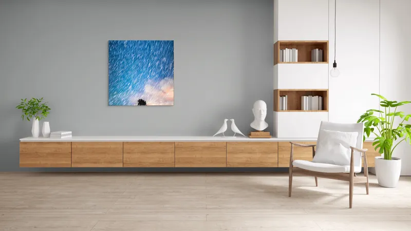 Tablou Canvas, "Copacul sub ploaia de stele", Cer, Stele, Mișcare, Copac, Solitar, Peisaj, Noapte, Lumină, Cerneală, Albastru, 100 x 100 cm – poza 8