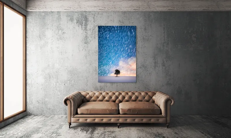 Tablou Canvas, "Copacul sub ploaia de stele", Cer, Stele, Mișcare, Copac, Solitar, Peisaj, Noapte, Lumină, Cerneală, Albastru, 100 x 150 cm – poza 6