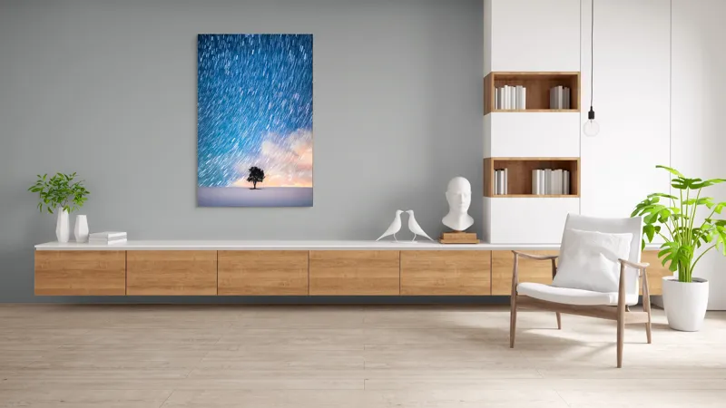 Tablou Canvas, "Copacul sub ploaia de stele", Cer, Stele, Mișcare, Copac, Solitar, Peisaj, Noapte, Lumină, Cerneală, Albastru, 100 x 150 cm – poza 8