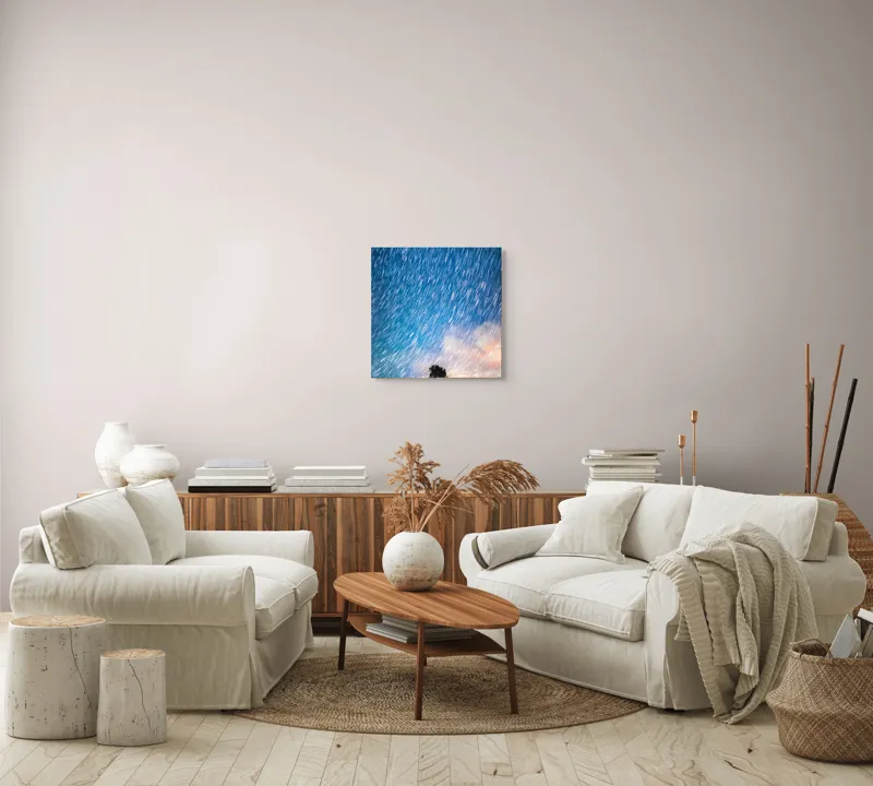 Tablou Canvas, "Copacul sub ploaia de stele", Cer, Stele, Mișcare, Copac, Solitar, Peisaj, Noapte, Lumină, Cerneală, Albastru, 50 x 50 cm – poza 7
