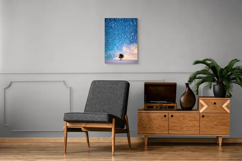 Tablou Canvas, "Copacul sub ploaia de stele", Cer, Stele, Mișcare, Copac, Solitar, Peisaj, Noapte, Lumină, Cerneală, Albastru, 50 x 70 cm – poza 8