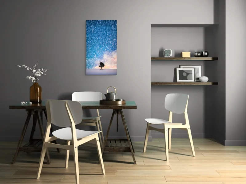 Tablou Canvas, "Copacul sub ploaia de stele", Cer, Stele, Mișcare, Copac, Solitar, Peisaj, Noapte, Lumină, Cerneală, Albastru, 50 x 90 cm – poza 4