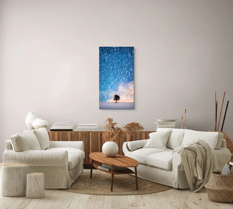 Tablou Canvas, "Copacul sub ploaia de stele", Cer, Stele, Mișcare, Copac, Solitar, Peisaj, Noapte, Lumină, Cerneală, Albastru, 50 x 90 cm – poza 7