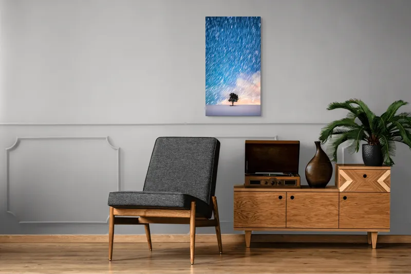 Tablou Canvas, "Copacul sub ploaia de stele", Cer, Stele, Mișcare, Copac, Solitar, Peisaj, Noapte, Lumină, Cerneală, Albastru, 50 x 90 cm – poza 8