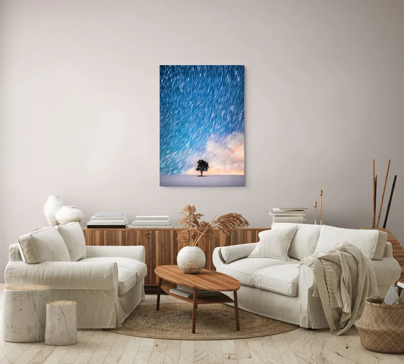 Tablou Canvas, "Copacul sub ploaia de stele", Cer, Stele, Mișcare, Copac, Solitar, Peisaj, Noapte, Lumină, Cerneală, Albastru, 70 x 100 cm – poza 4