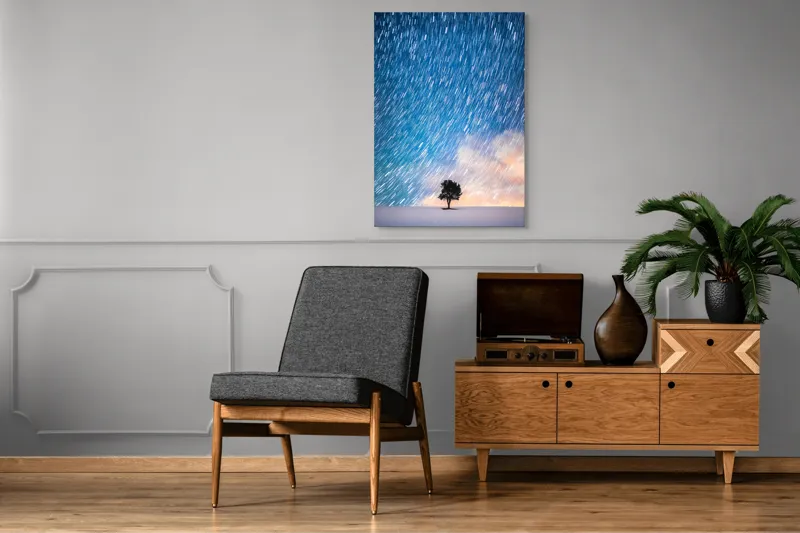 Tablou Canvas, "Copacul sub ploaia de stele", Cer, Stele, Mișcare, Copac, Solitar, Peisaj, Noapte, Lumină, Cerneală, Albastru, 70 x 100 cm – poza 6