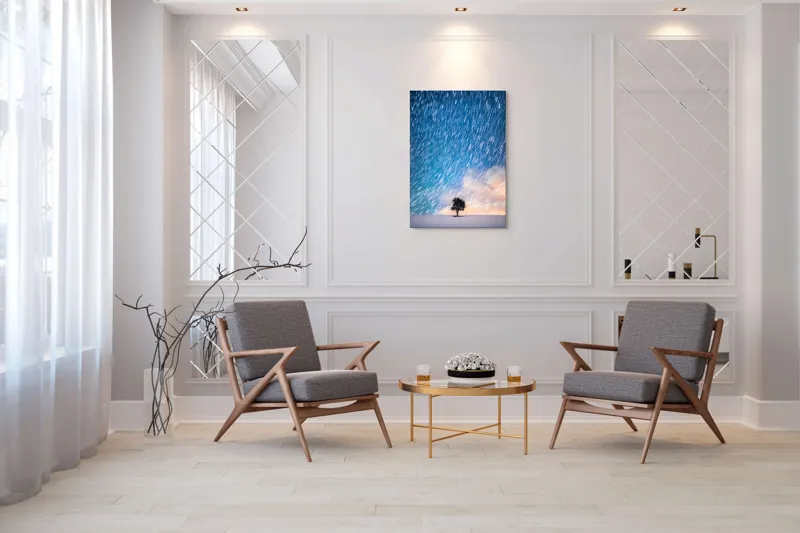 Tablou Canvas, "Copacul sub ploaia de stele", Cer, Stele, Mișcare, Copac, Solitar, Peisaj, Noapte, Lumină, Cerneală, Albastru, 70 x 100 cm – poza 8