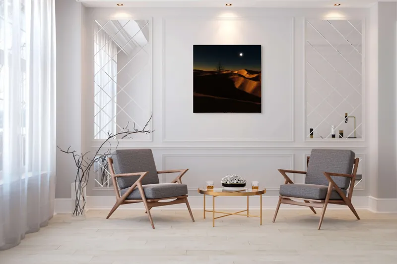 Tablou Canvas, "Noapte senină în deșertul singuratic", Deșert, Noapte, Lună, Dune, Sclipiri, Umbre, Solitudine, Mister, Întuneric, Lumină., 100 x 100 cm – poza 7