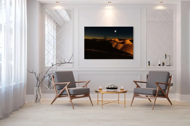 Tablou Canvas, "Noapte senină în deșertul singuratic", Deșert, Noapte, Lună, Dune, Sclipiri, Umbre, Solitudine, Mister, Întuneric, Lumină., 150 x 100 cm – poza 7