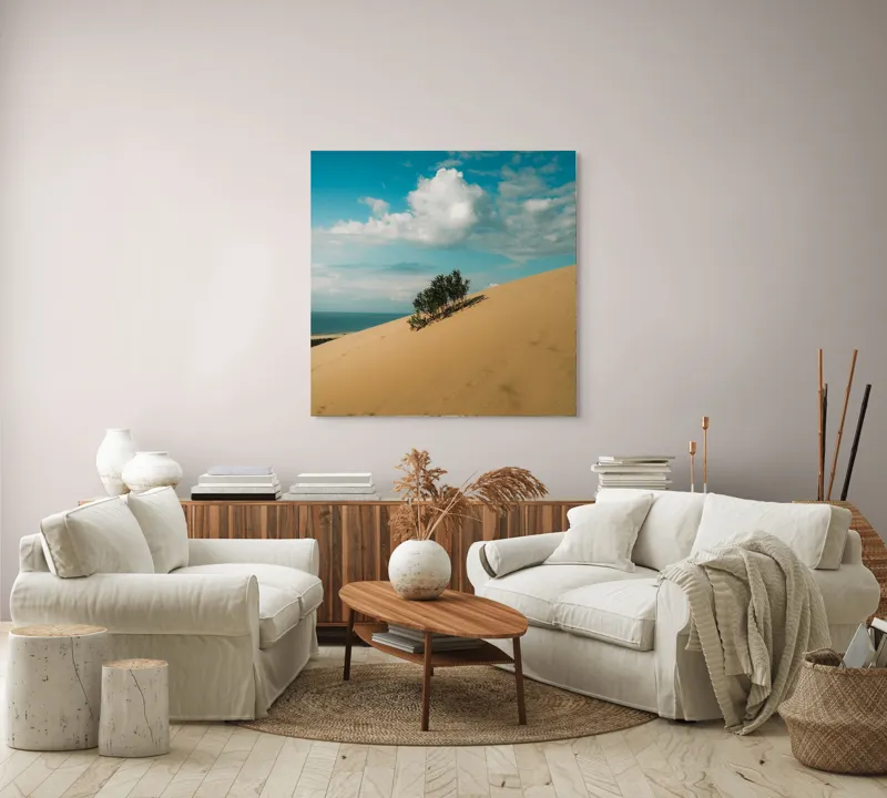Tablou Canvas, "Planta solitară pe dune pustii", Nisip, Dune, Cer, Nor, Vegetație, Orizont, Albastru, Verde, Pustiu, Natură, 100 x 100 cm – poza 3