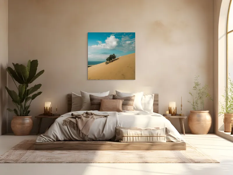 Tablou Canvas, "Planta solitară pe dune pustii", Nisip, Dune, Cer, Nor, Vegetație, Orizont, Albastru, Verde, Pustiu, Natură, 100 x 100 cm – poza 4