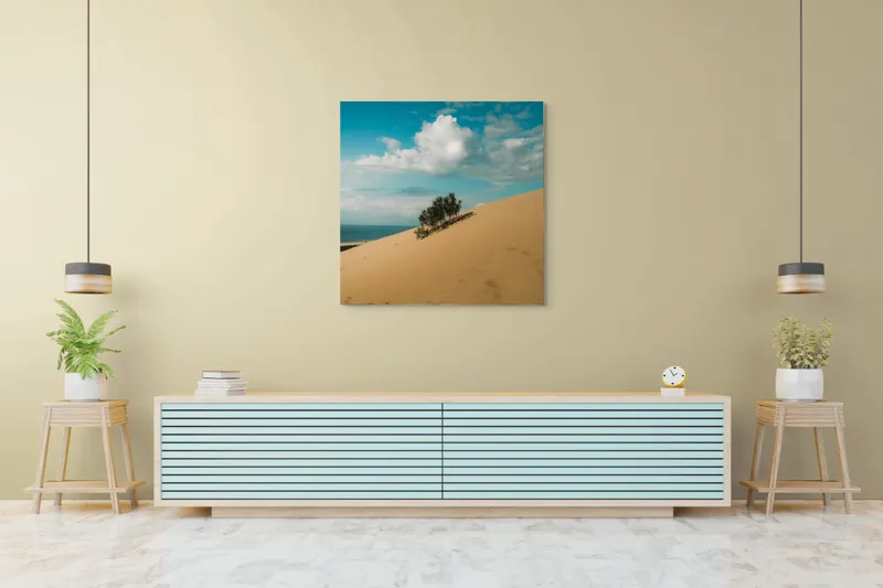 Tablou Canvas, "Planta solitară pe dune pustii", Nisip, Dune, Cer, Nor, Vegetație, Orizont, Albastru, Verde, Pustiu, Natură, 100 x 100 cm – poza 5