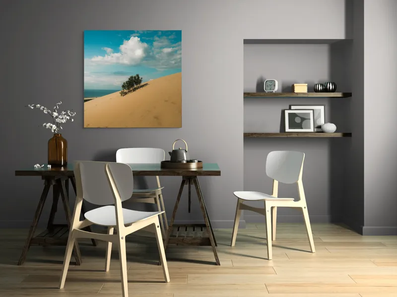 Tablou Canvas, "Planta solitară pe dune pustii", Nisip, Dune, Cer, Nor, Vegetație, Orizont, Albastru, Verde, Pustiu, Natură, 100 x 100 cm – poza 6
