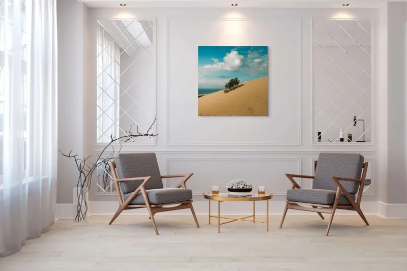 Tablou Canvas, "Planta solitară pe dune pustii", Nisip, Dune, Cer, Nor, Vegetație, Orizont, Albastru, Verde, Pustiu, Natură, 100 x 100 cm – poza 7