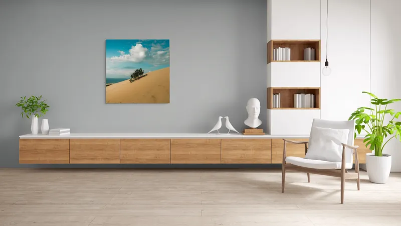 Tablou Canvas, "Planta solitară pe dune pustii", Nisip, Dune, Cer, Nor, Vegetație, Orizont, Albastru, Verde, Pustiu, Natură, 100 x 100 cm – poza 8
