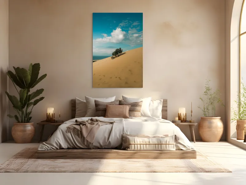 Tablou Canvas, "Planta solitară pe dune pustii", Nisip, Dune, Cer, Nor, Vegetație, Orizont, Albastru, Verde, Pustiu, Natură, 100 x 150 cm – poza 3