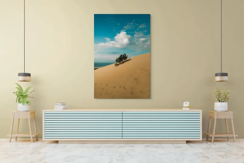Tablou Canvas, "Planta solitară pe dune pustii", Nisip, Dune, Cer, Nor, Vegetație, Orizont, Albastru, Verde, Pustiu, Natură, 100 x 150 cm – poza 4
