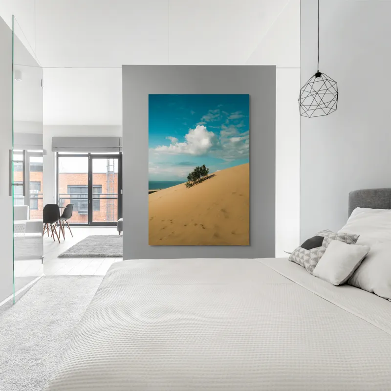 Tablou Canvas, "Planta solitară pe dune pustii", Nisip, Dune, Cer, Nor, Vegetație, Orizont, Albastru, Verde, Pustiu, Natură, 100 x 150 cm – poza 5