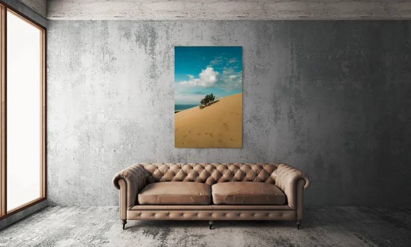 Tablou Canvas, "Planta solitară pe dune pustii", Nisip, Dune, Cer, Nor, Vegetație, Orizont, Albastru, Verde, Pustiu, Natură, 100 x 150 cm – poza 6