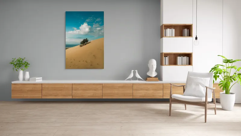 Tablou Canvas, "Planta solitară pe dune pustii", Nisip, Dune, Cer, Nor, Vegetație, Orizont, Albastru, Verde, Pustiu, Natură, 100 x 150 cm – poza 8