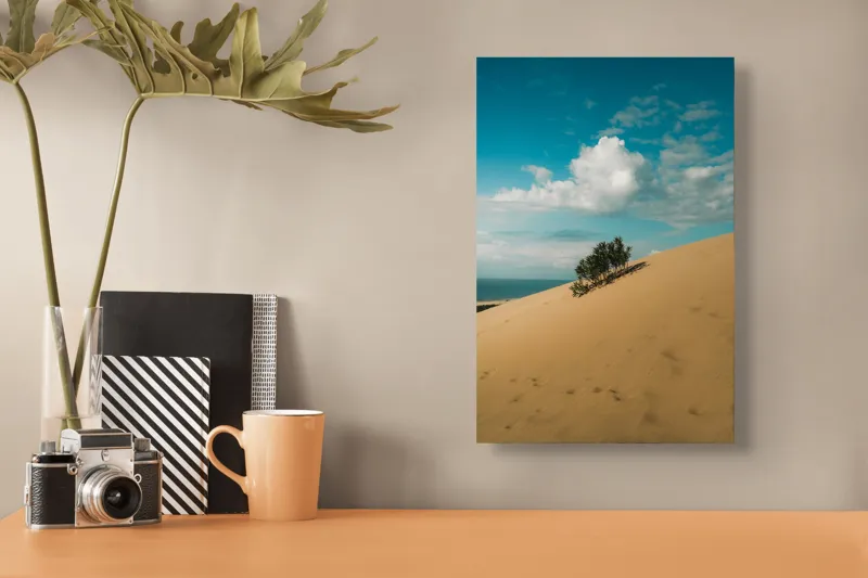 Tablou Canvas, "Planta solitară pe dune pustii", Nisip, Dune, Cer, Nor, Vegetație, Orizont, Albastru, Verde, Pustiu, Natură, 26 x 39 cm – poza 3