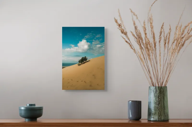 Tablou Canvas, "Planta solitară pe dune pustii", Nisip, Dune, Cer, Nor, Vegetație, Orizont, Albastru, Verde, Pustiu, Natură, 26 x 39 cm – poza 5