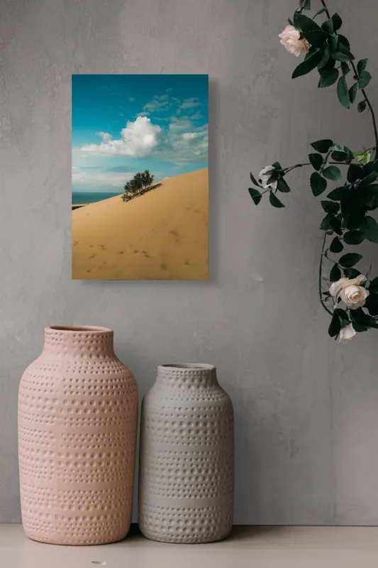 Tablou Canvas, "Planta solitară pe dune pustii", Nisip, Dune, Cer, Nor, Vegetație, Orizont, Albastru, Verde, Pustiu, Natură, 26 x 39 cm – poza 6