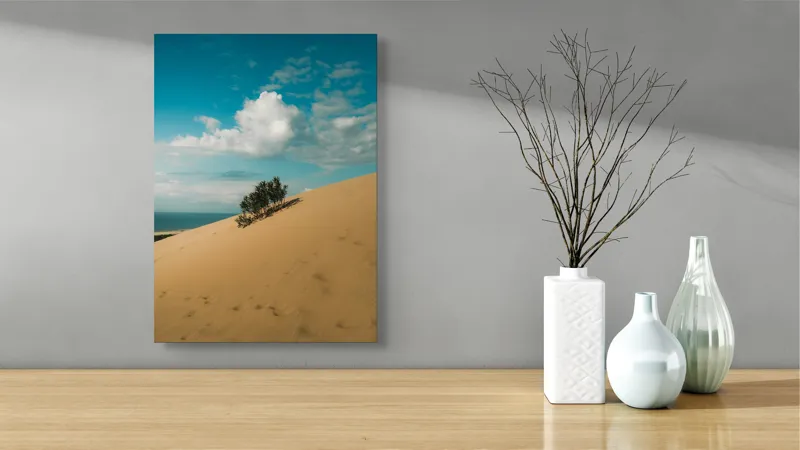 Tablou Canvas, "Planta solitară pe dune pustii", Nisip, Dune, Cer, Nor, Vegetație, Orizont, Albastru, Verde, Pustiu, Natură, 39 x 54 cm – poza 4