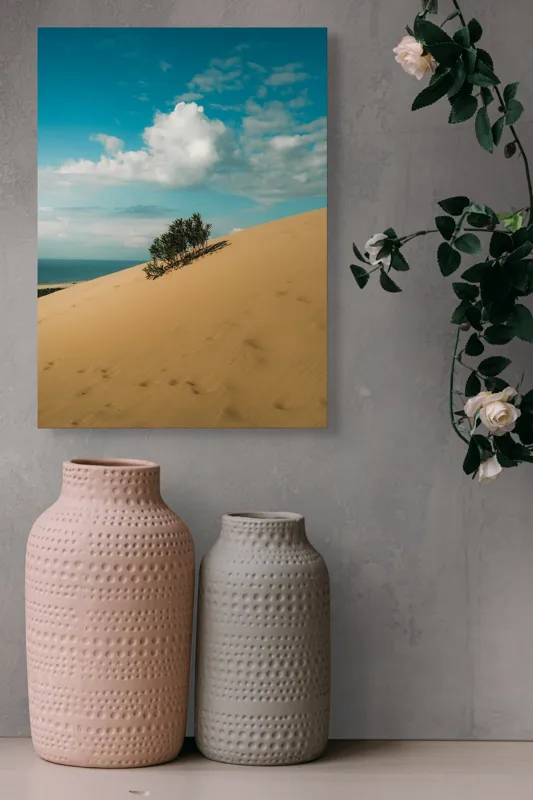 Tablou Canvas, "Planta solitară pe dune pustii", Nisip, Dune, Cer, Nor, Vegetație, Orizont, Albastru, Verde, Pustiu, Natură, 39 x 54 cm – poza 6