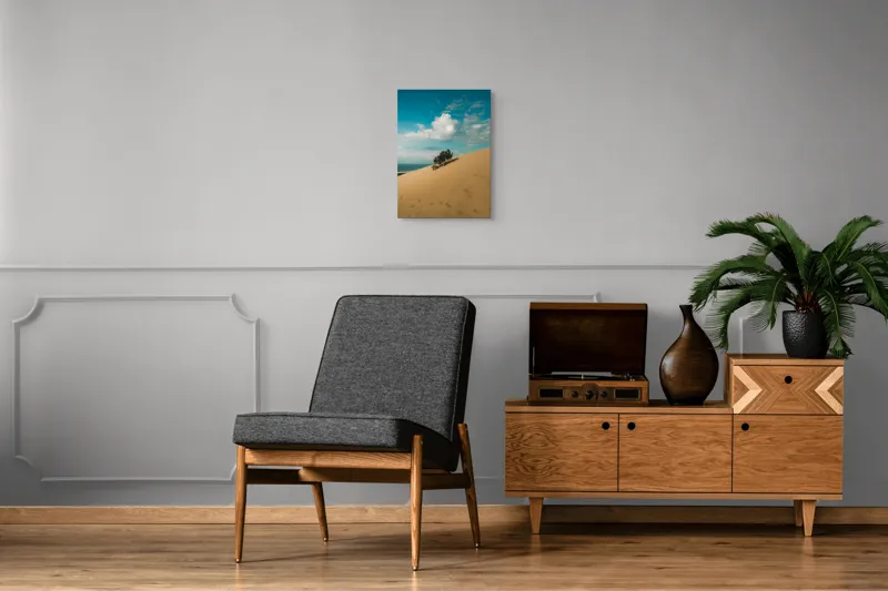 Tablou Canvas, "Planta solitară pe dune pustii", Nisip, Dune, Cer, Nor, Vegetație, Orizont, Albastru, Verde, Pustiu, Natură, 39 x 54 cm – poza 8