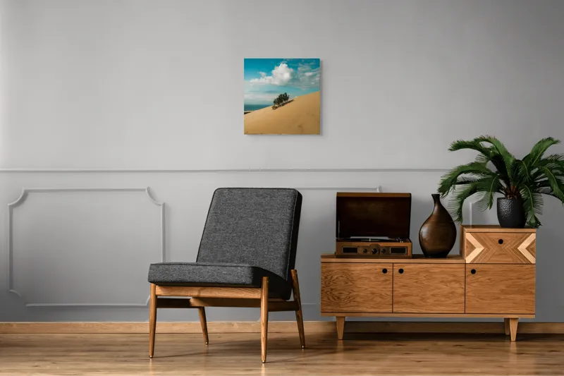 Tablou Canvas, "Planta solitară pe dune pustii", Nisip, Dune, Cer, Nor, Vegetație, Orizont, Albastru, Verde, Pustiu, Natură, 50 x 50 cm – poza 6